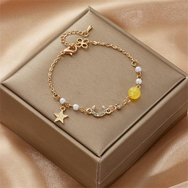 Japan Korea Star Moon Bracelet For Women Fashion Crystal Pearl Chain Jewelry